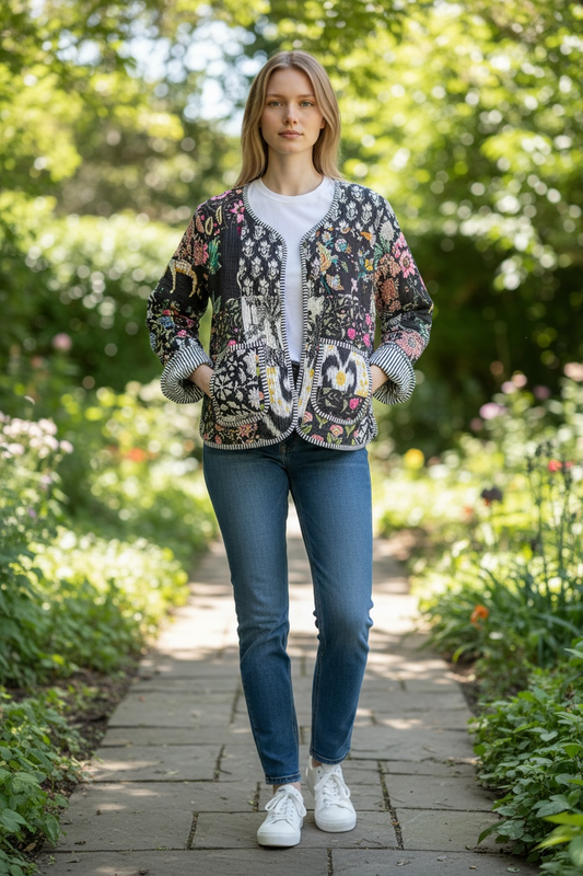 Black Floral Patchwork Cotton Jacket