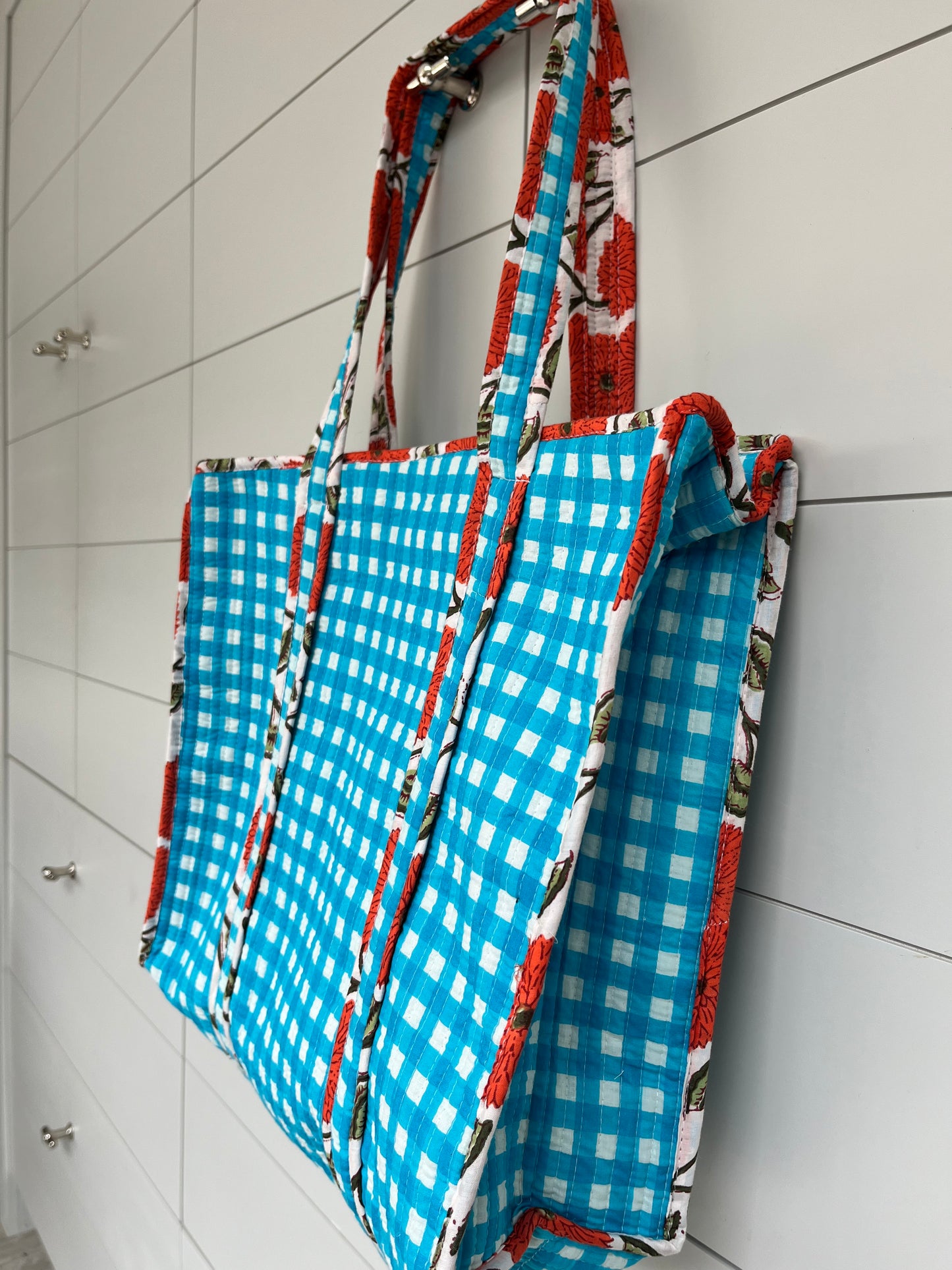 Turquoise Gingham Check Coral Bloom Quilted Tote Bag - Handmade Medium Floral Print with Secure Zip & Reinforced Handles 16" x 16" for Shopping Travel & Beach
