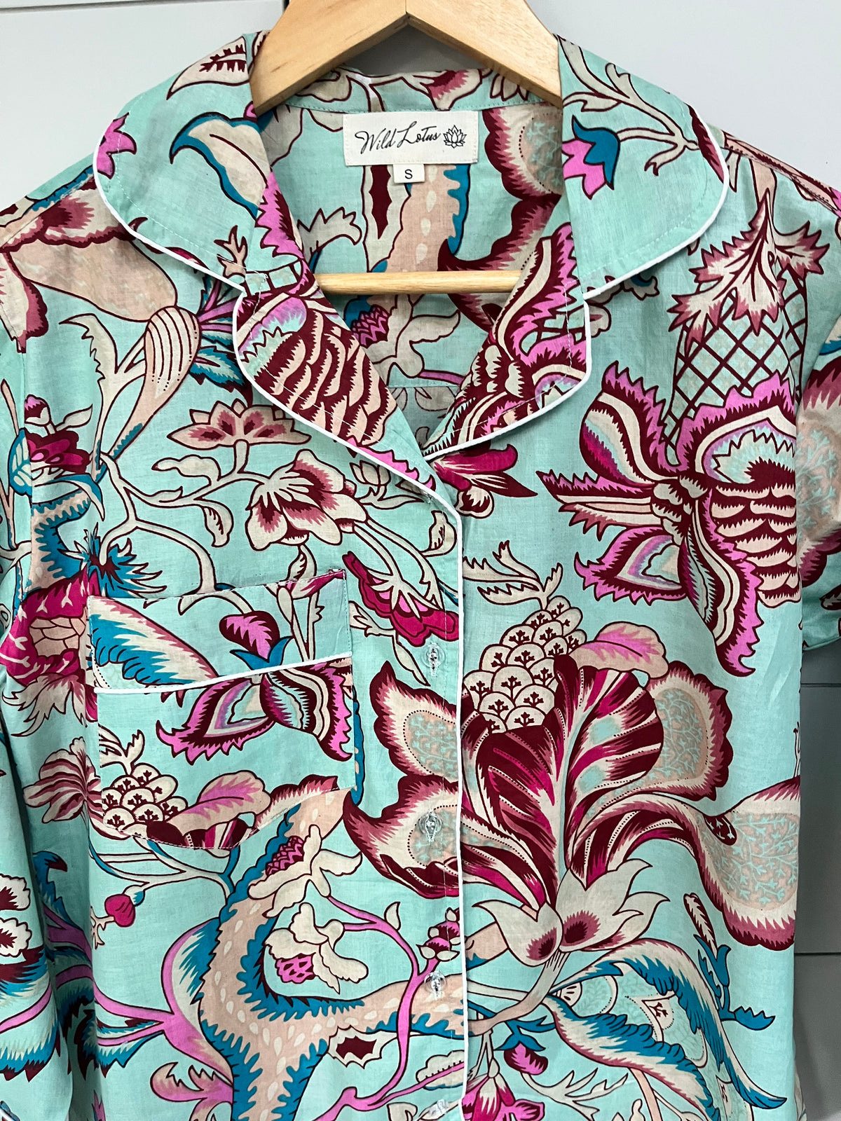 Aqua Floral Cotton Pyjama Set – Long Sleeve and Trousers