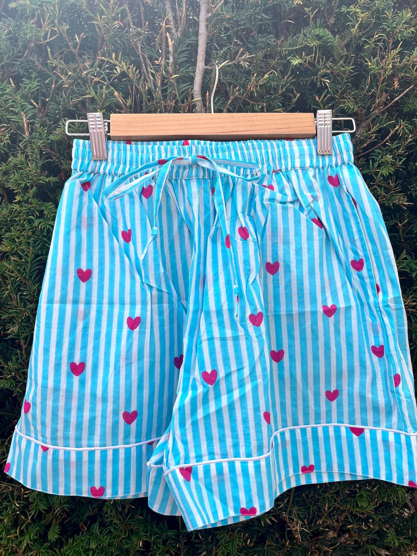 Blue Stripe Heart Cotton Pyjama Shorts – Women’s 100% Cotton PJ Bottoms – Lightweight Summer Sleepwear – Small Medium Large