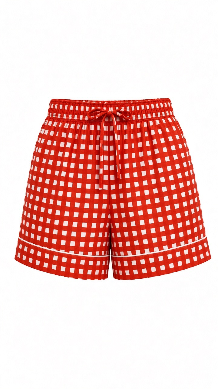 Wild Lotus UK orange and white gingham cotton pyjama shorts with a drawstring waist and white piping detail
