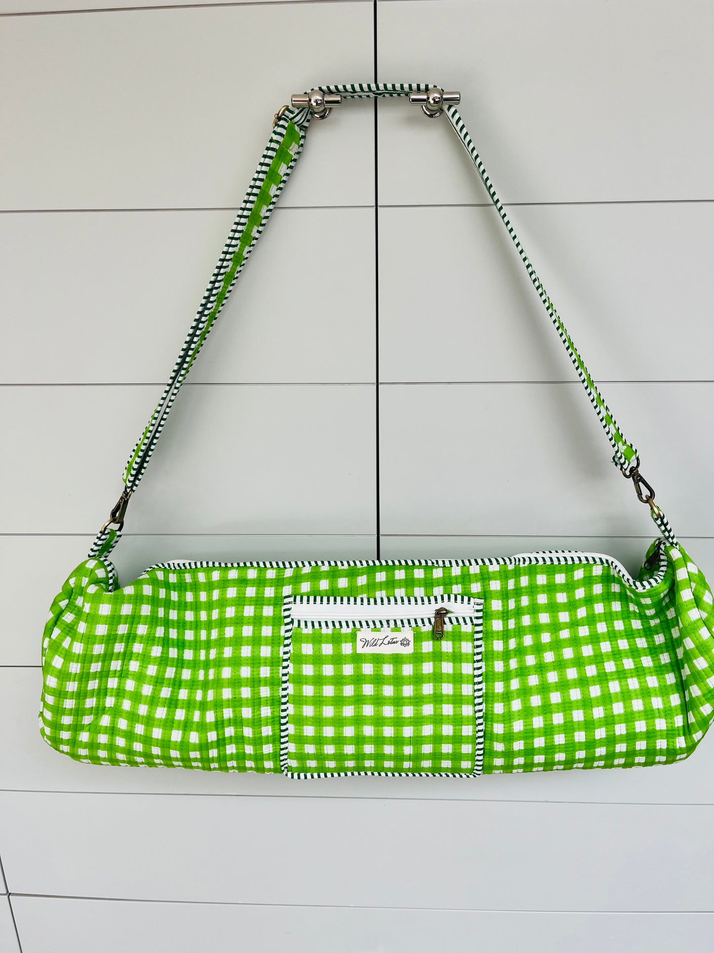 Green Gingham Cotton Quilted Yoga Mat Bag