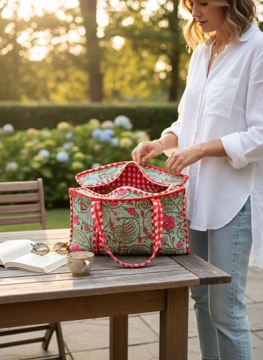 Floral Print Handmade Medium  Quilted Tote Bag – Secure Zip Fastening & Reinforced Handles | Perfect for Shopping, Travel & Beach | 16" x 16"