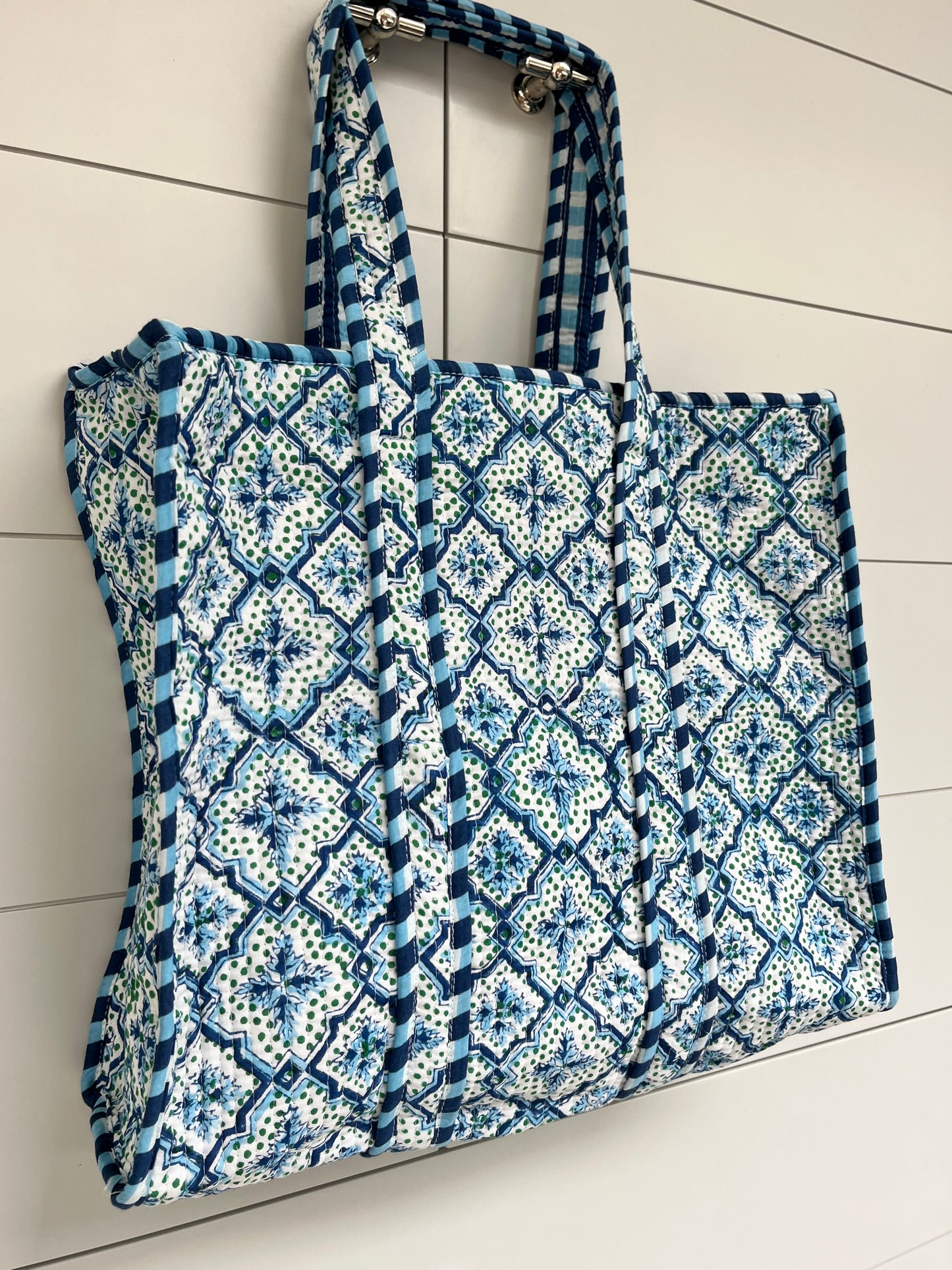 Blue Mosaic Handmade Medium Quilted Tote Bag – Secure Zip Fastening & Reinforced Handles | Perfect for Shopping, Travel & Beach | 16" x 16"