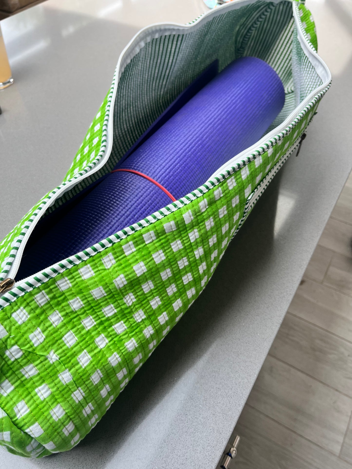 Green Gingham Cotton Quilted Yoga Mat Bag