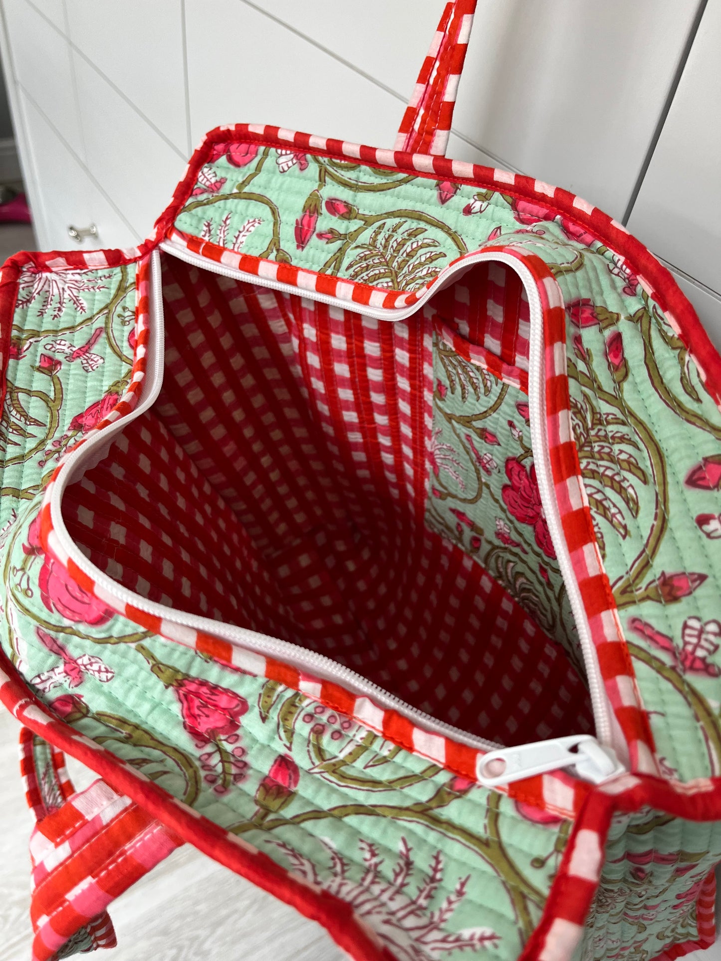Floral Print Handmade Medium  Quilted Tote Bag – Secure Zip Fastening & Reinforced Handles | Perfect for Shopping, Travel & Beach | 16" x 16"