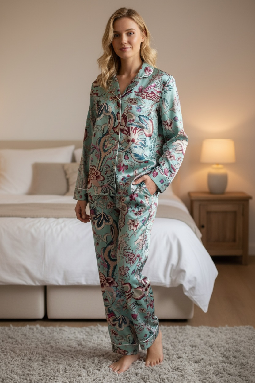 Aqua Floral Cotton Pyjama Set – Long Sleeve and Trousers