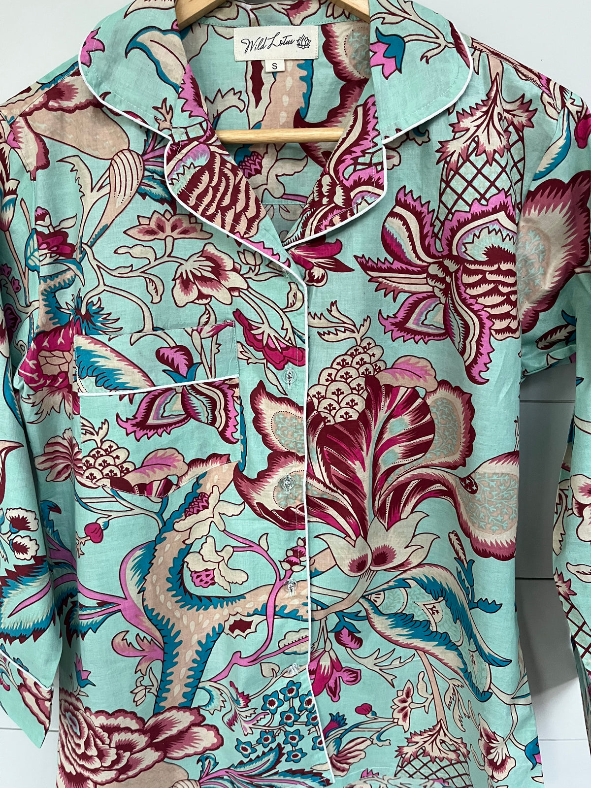 Aqua Floral Cotton Pyjama Set – Long Sleeve and Trousers