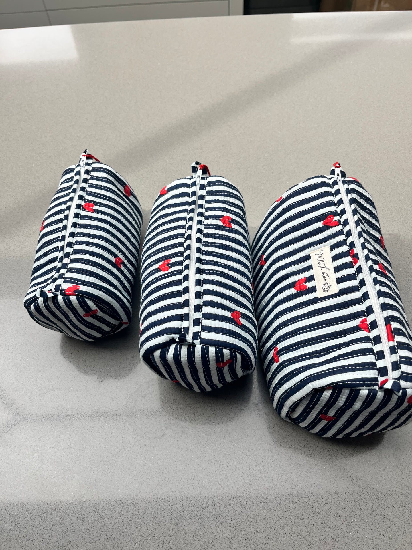Quilted Stripe with Hearts Accessory Case | Cotton Wash Bag | Small, Medium and Large