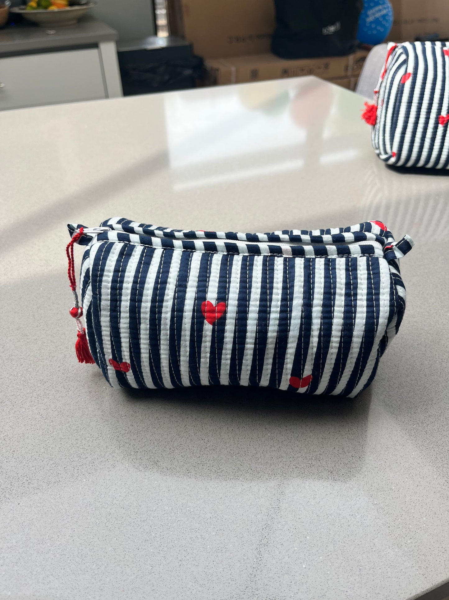 Quilted Stripe with Hearts Accessory Case | Cotton Wash Bag | Small, Medium and Large