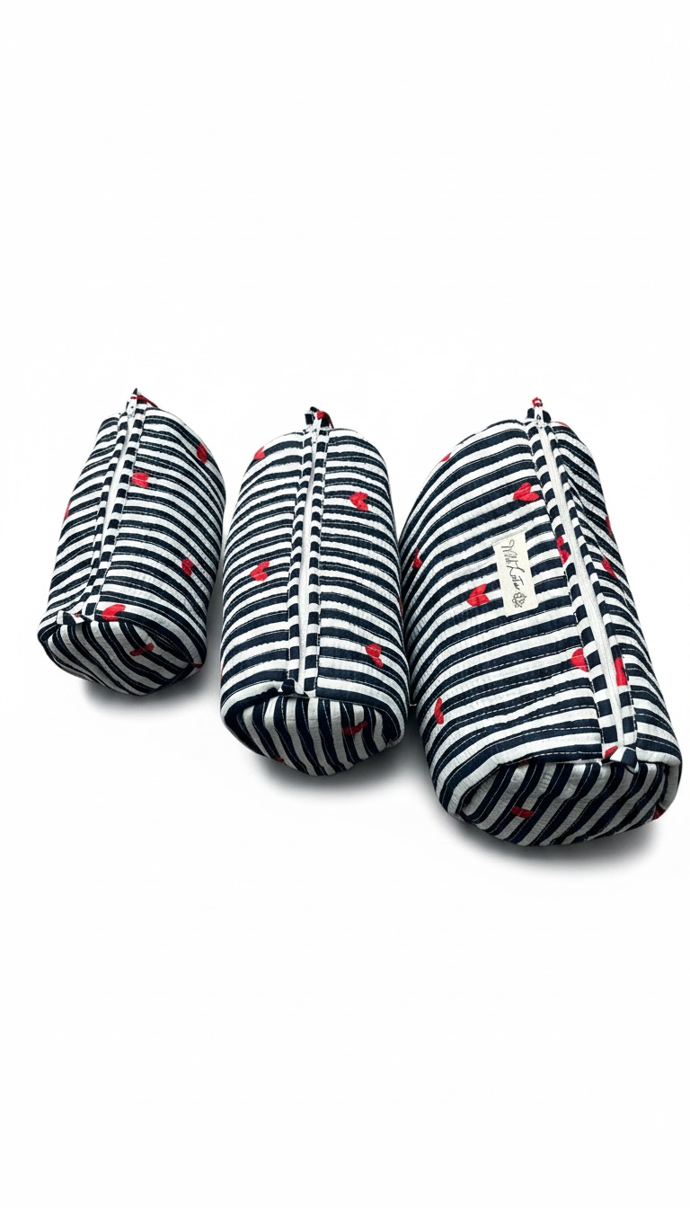 Quilted Stripe with Hearts Accessory Case | Cotton Wash Bag | Small, Medium and Large