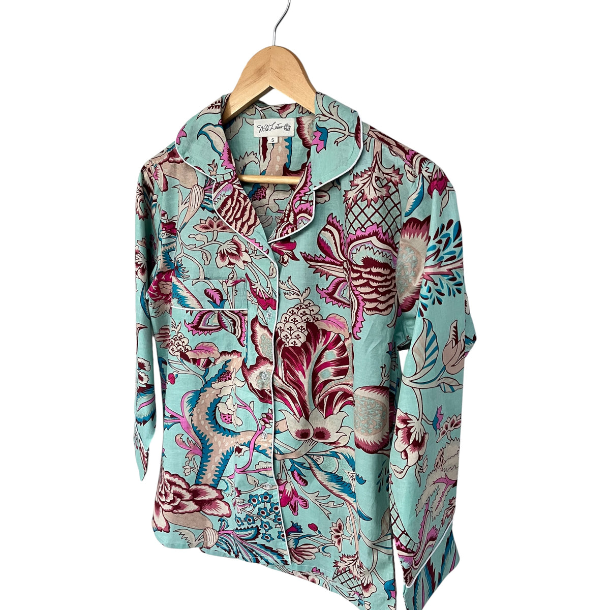 Aqua Floral Cotton Pyjama Set – Long Sleeve and Trousers