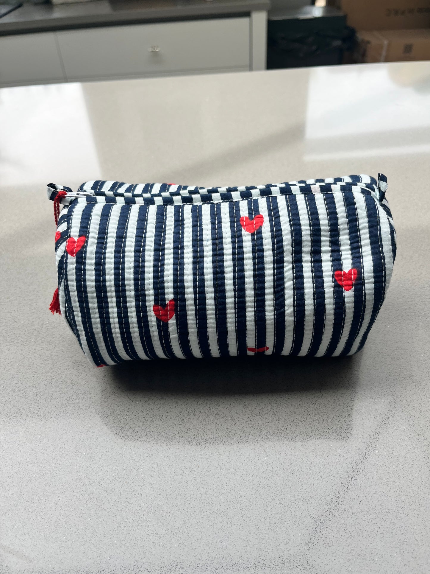 Quilted Stripe with Hearts Accessory Case | Cotton Wash Bag | Small, Medium and Large