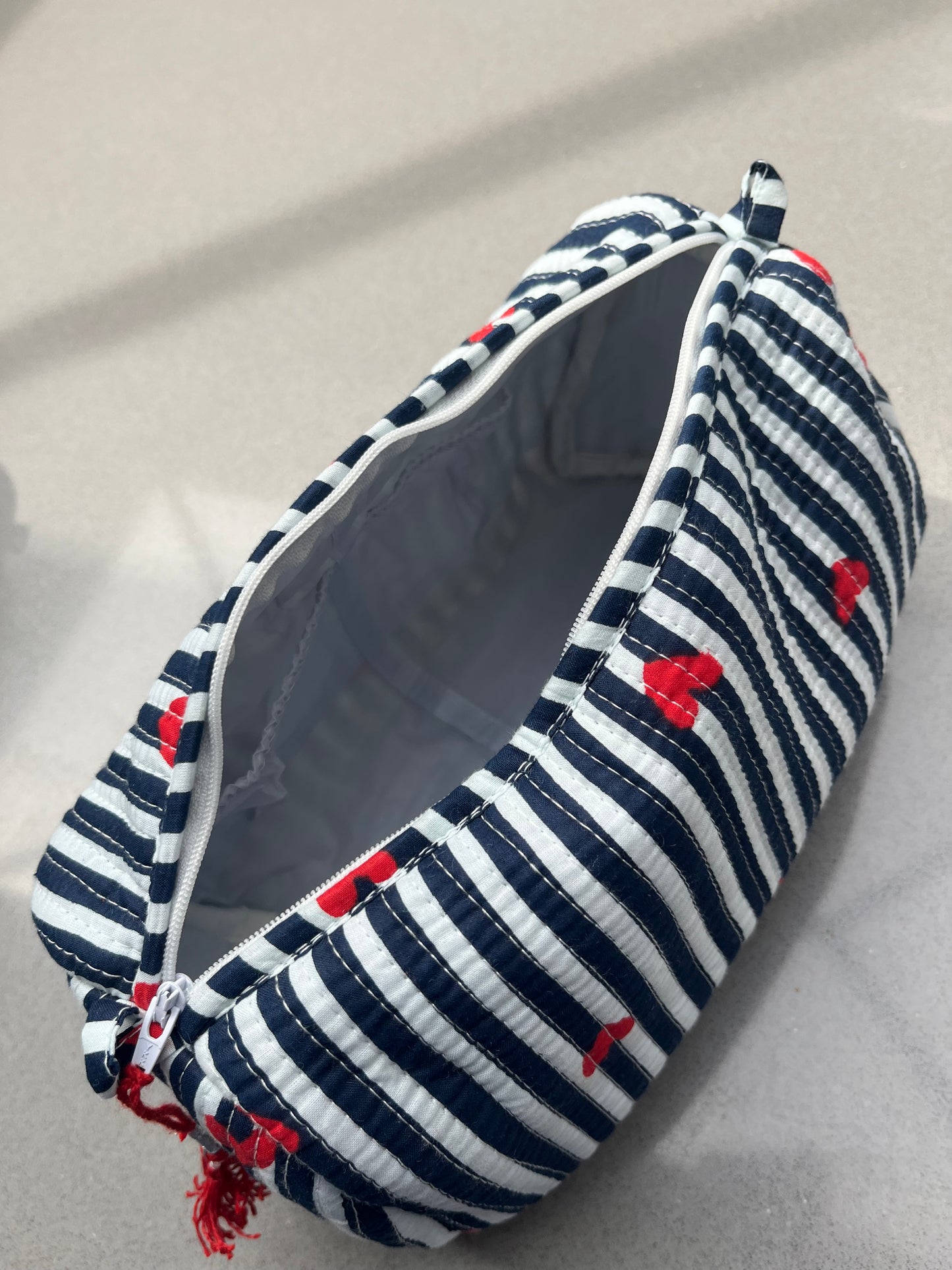 Quilted Stripe with Hearts Accessory Case | Cotton Wash Bag | Small, Medium and Large
