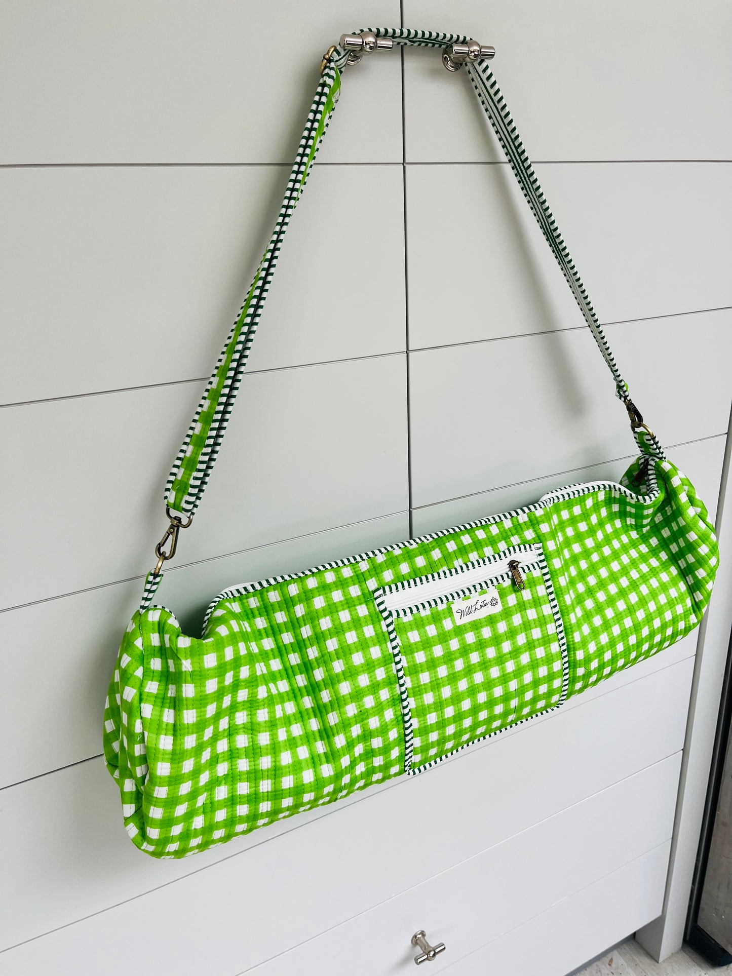 Green Gingham Cotton Quilted Yoga Mat Bag