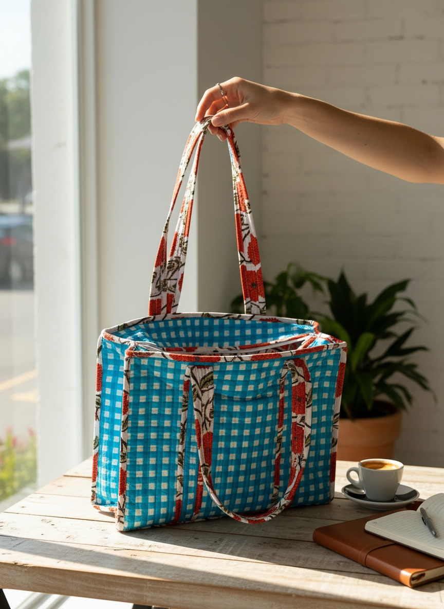 Turquoise Gingham Check Coral Bloom Quilted Tote Bag - Handmade Medium Floral Print with Secure Zip & Reinforced Handles 16" x 16" for Shopping Travel & Beach