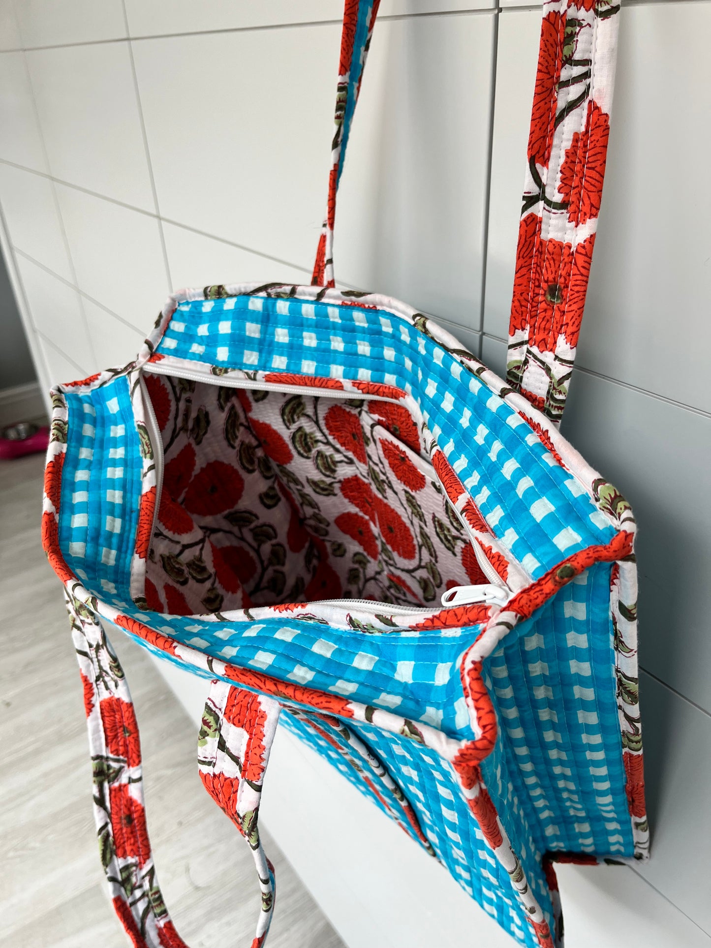 Turquoise Gingham Check Coral Bloom Quilted Tote Bag - Handmade Medium Floral Print with Secure Zip & Reinforced Handles 16" x 16" for Shopping Travel & Beach