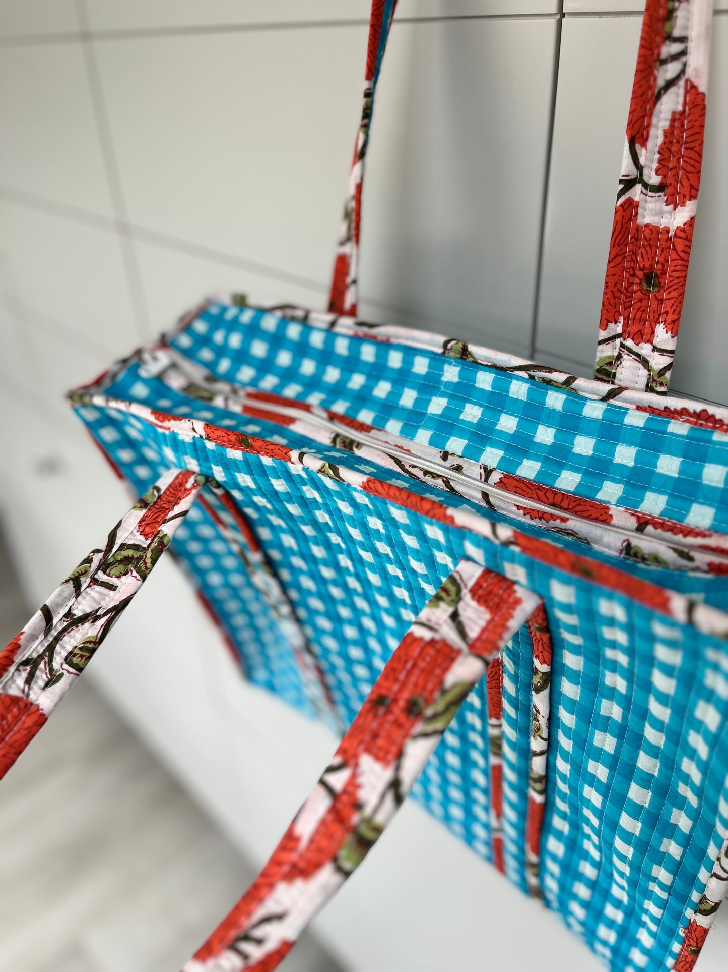 Turquoise Gingham Check Coral Bloom Quilted Tote Bag - Handmade Medium Floral Print with Secure Zip & Reinforced Handles 16" x 16" for Shopping Travel & Beach