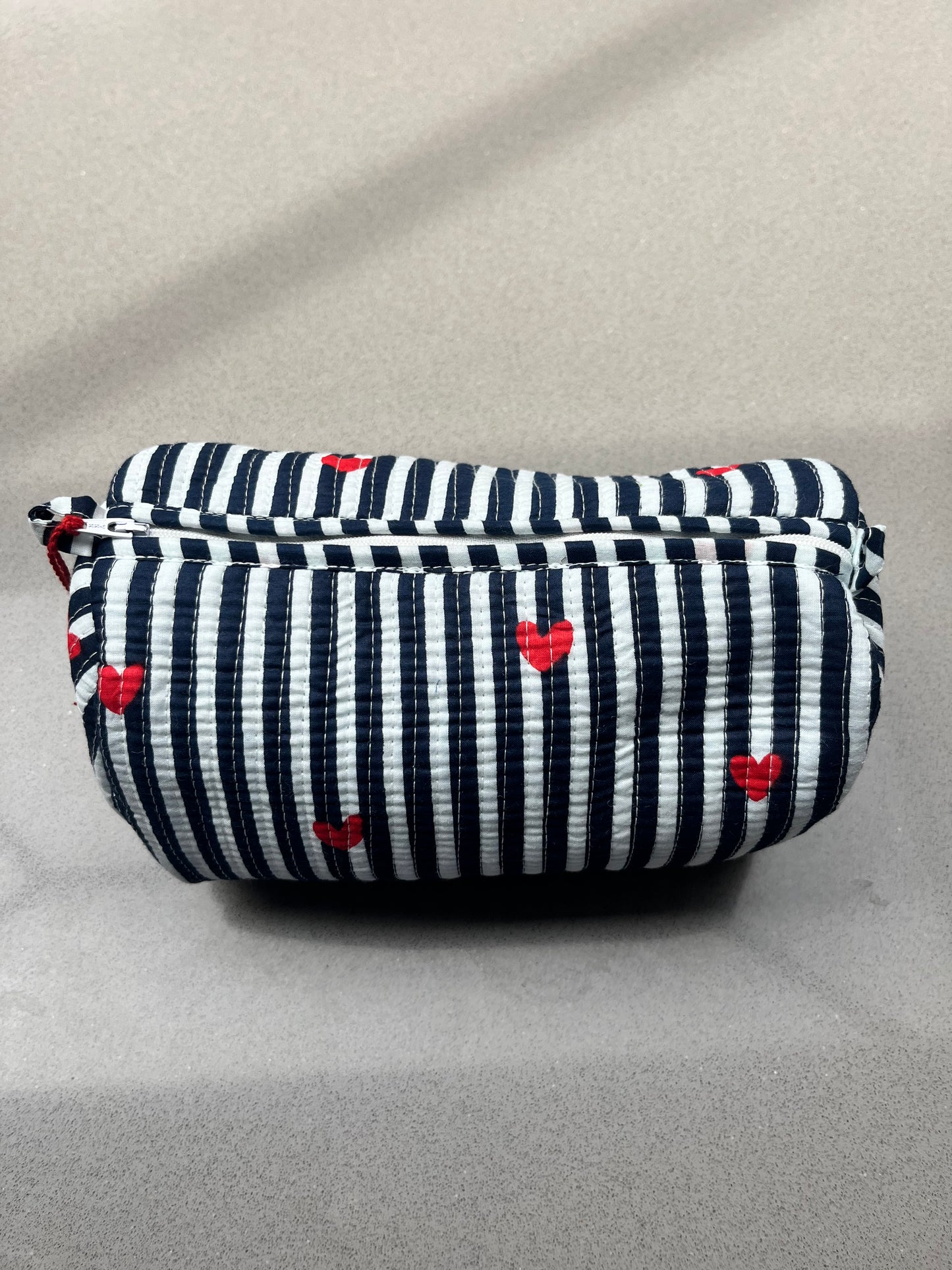 Quilted Stripe with Hearts Accessory Case | Cotton Wash Bag | Small, Medium and Large
