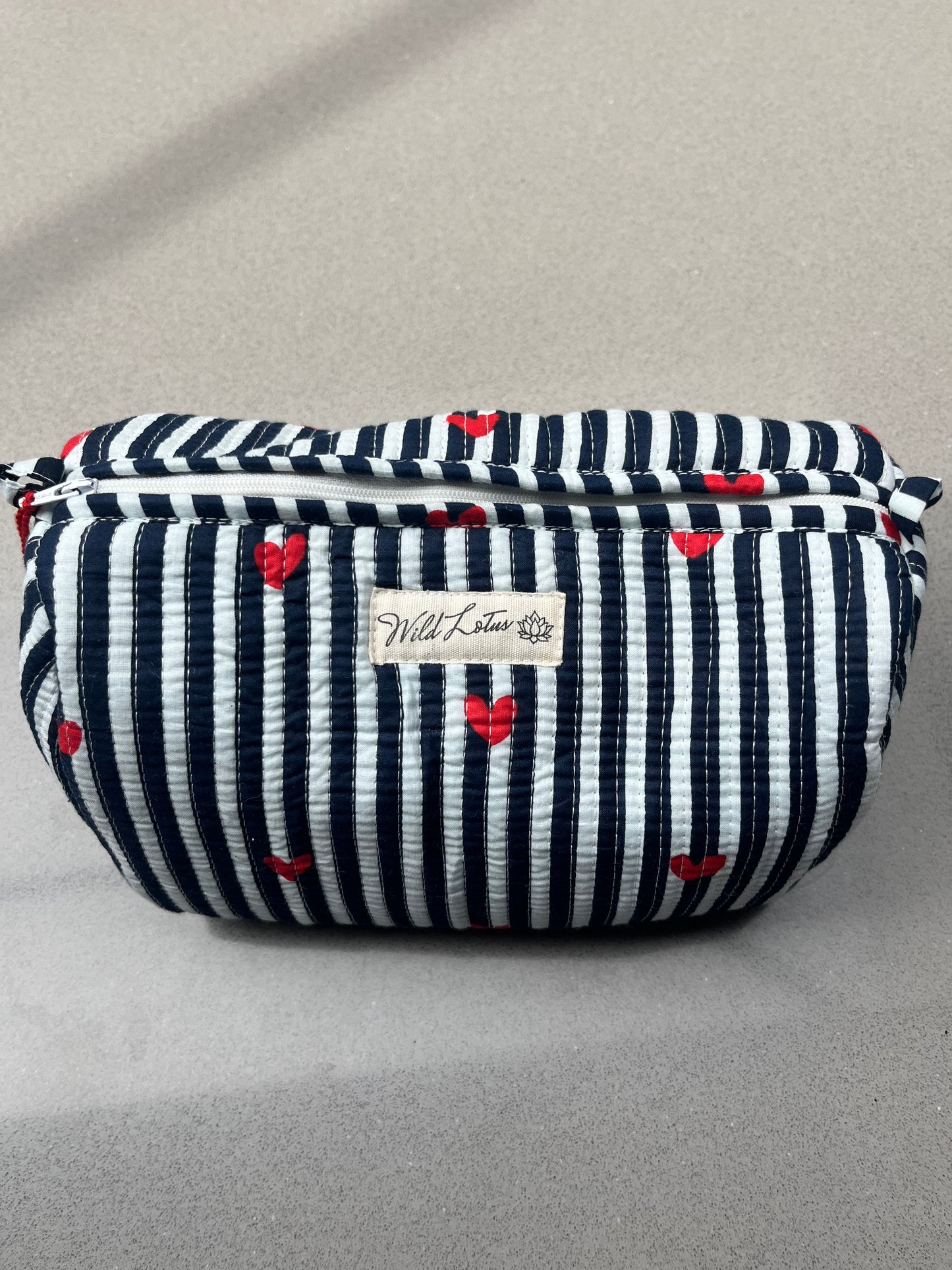 Quilted Stripe with Hearts Accessory Case | Cotton Wash Bag | Small, Medium and Large