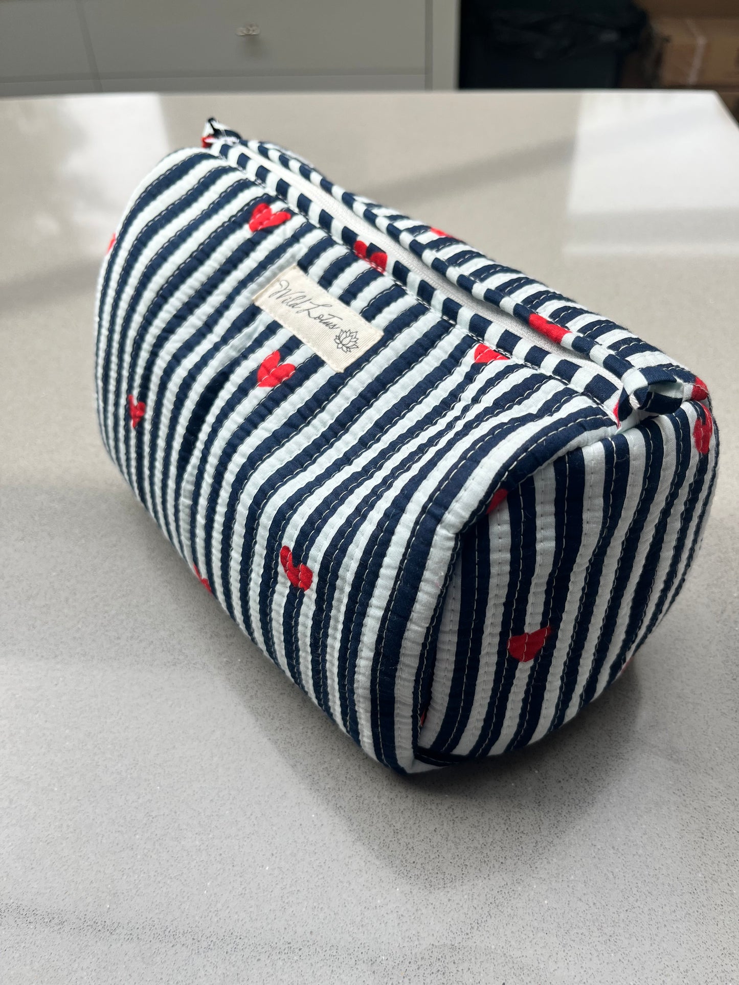 Quilted Stripe with Hearts Accessory Case | Cotton Wash Bag | Small, Medium and Large