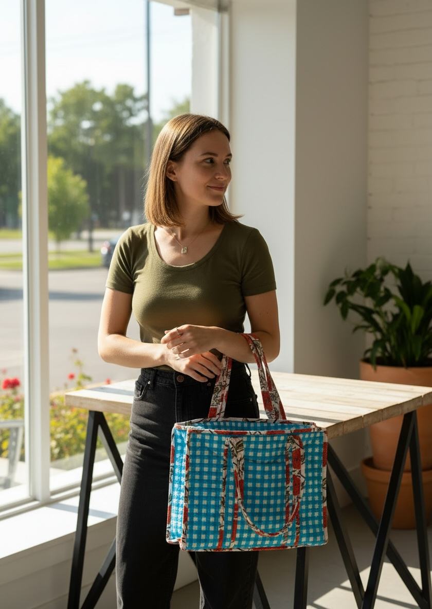 Turquoise Gingham Check Coral Bloom Quilted Tote Bag - Handmade Medium Floral Print with Secure Zip & Reinforced Handles 16" x 16" for Shopping Travel & Beach