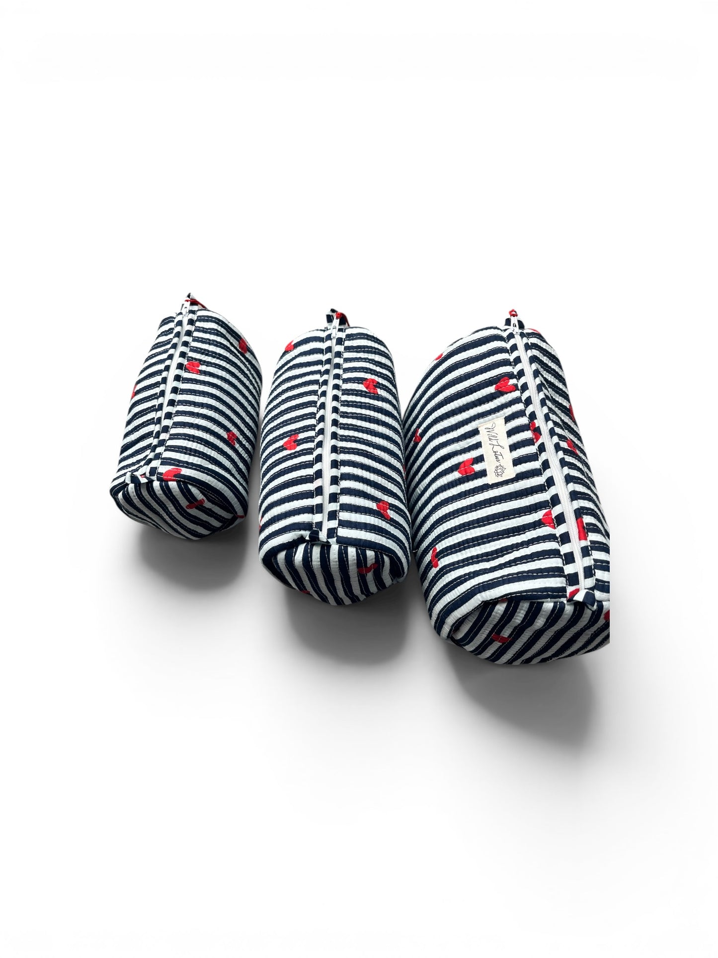 Quilted Stripe with Hearts Accessory Case | Cotton Wash Bag | Small, Medium and Large