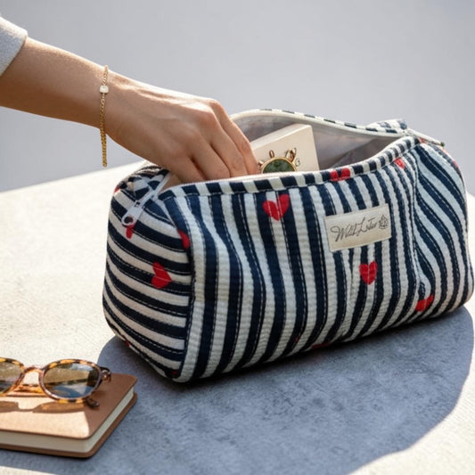 Quilted Stripe with Hearts Accessory Case | Cotton Wash Bag | Small, Medium and Large