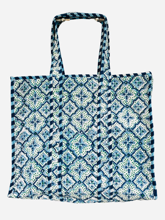 Blue Mosaic Handmade Medium Quilted Tote Bag – Secure Zip Fastening & Reinforced Handles | Perfect for Shopping, Travel & Beach | 16" x 16"