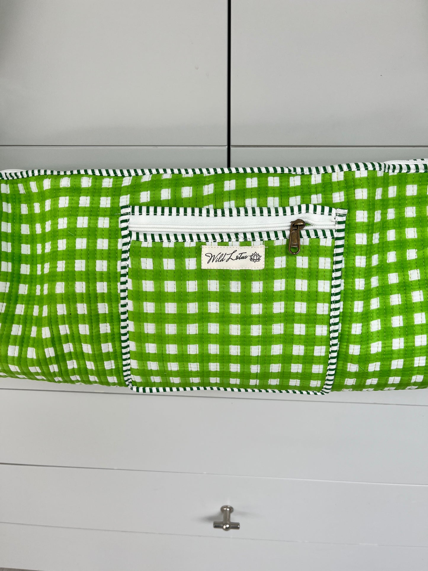 Green Gingham Cotton Quilted Yoga Mat Bag