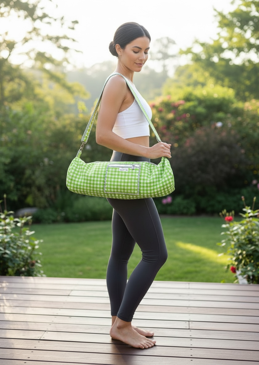 Green Gingham Cotton Quilted Yoga Mat Bag