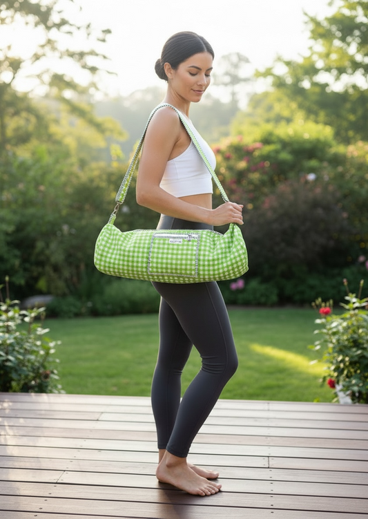 Green Gingham Cotton Quilted Yoga Mat Bag