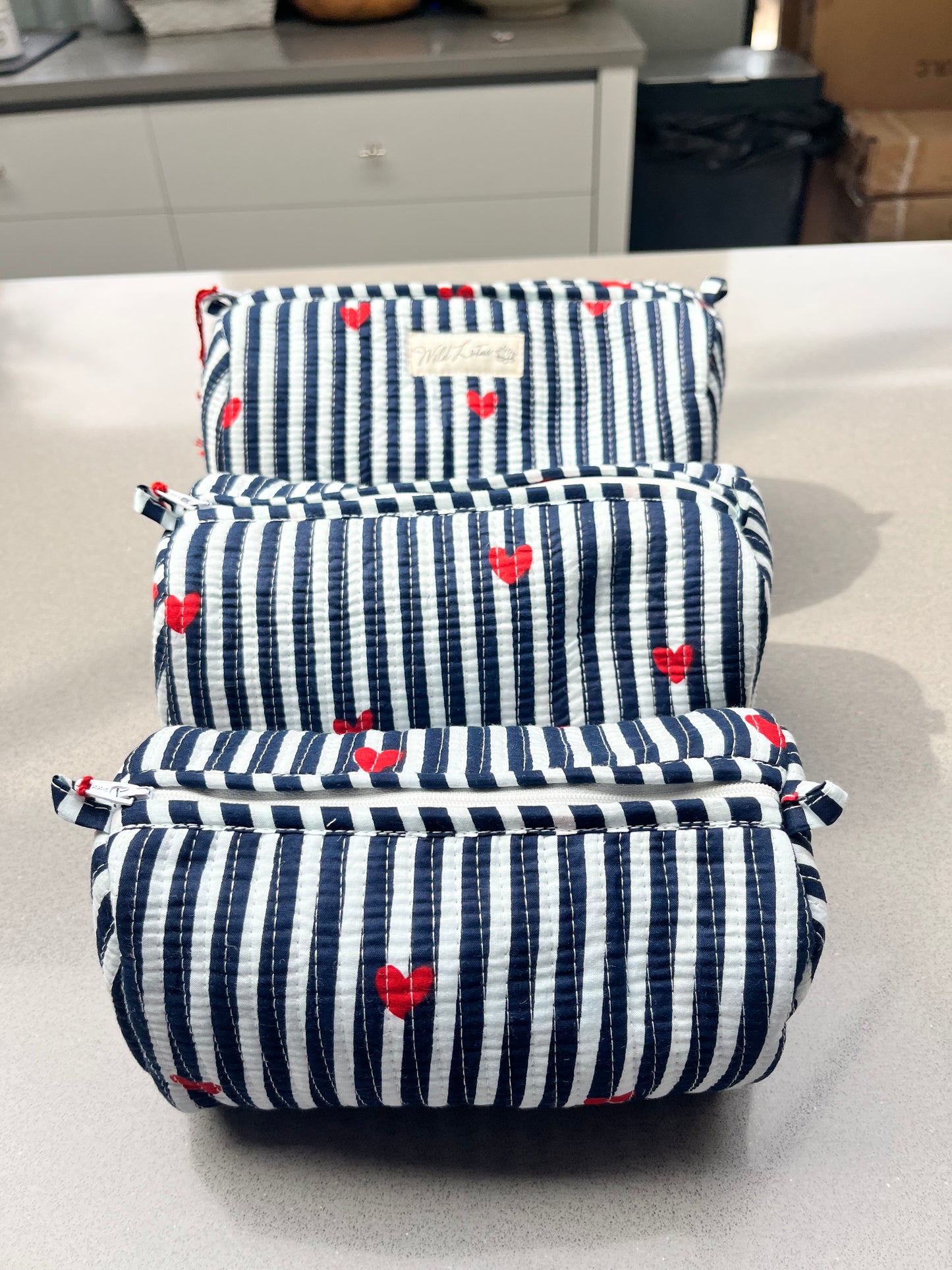 Quilted Stripe with Hearts Accessory Case | Cotton Wash Bag | Small, Medium and Large