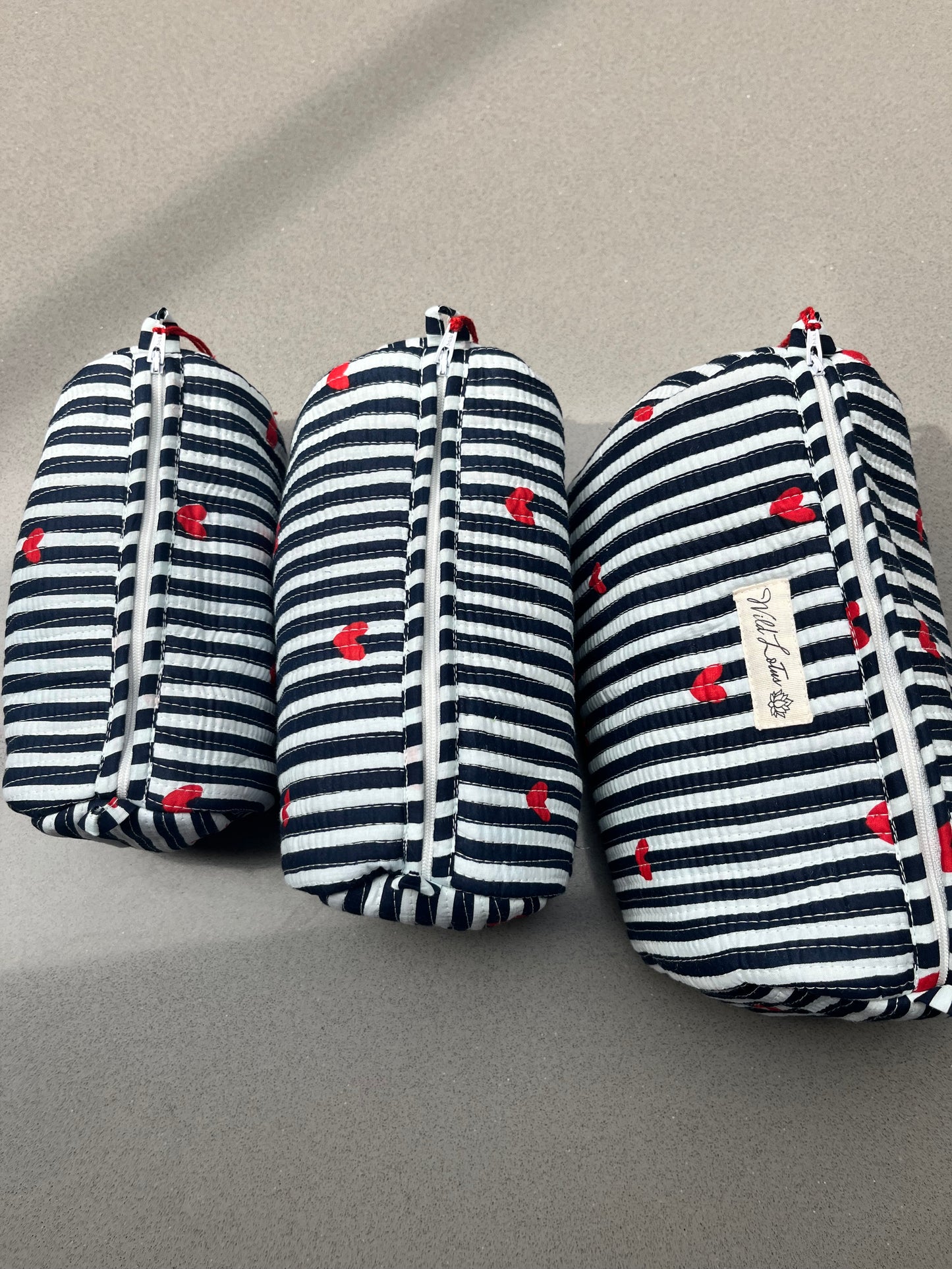 Quilted Stripe with Hearts Accessory Case | Cotton Wash Bag | Small, Medium and Large
