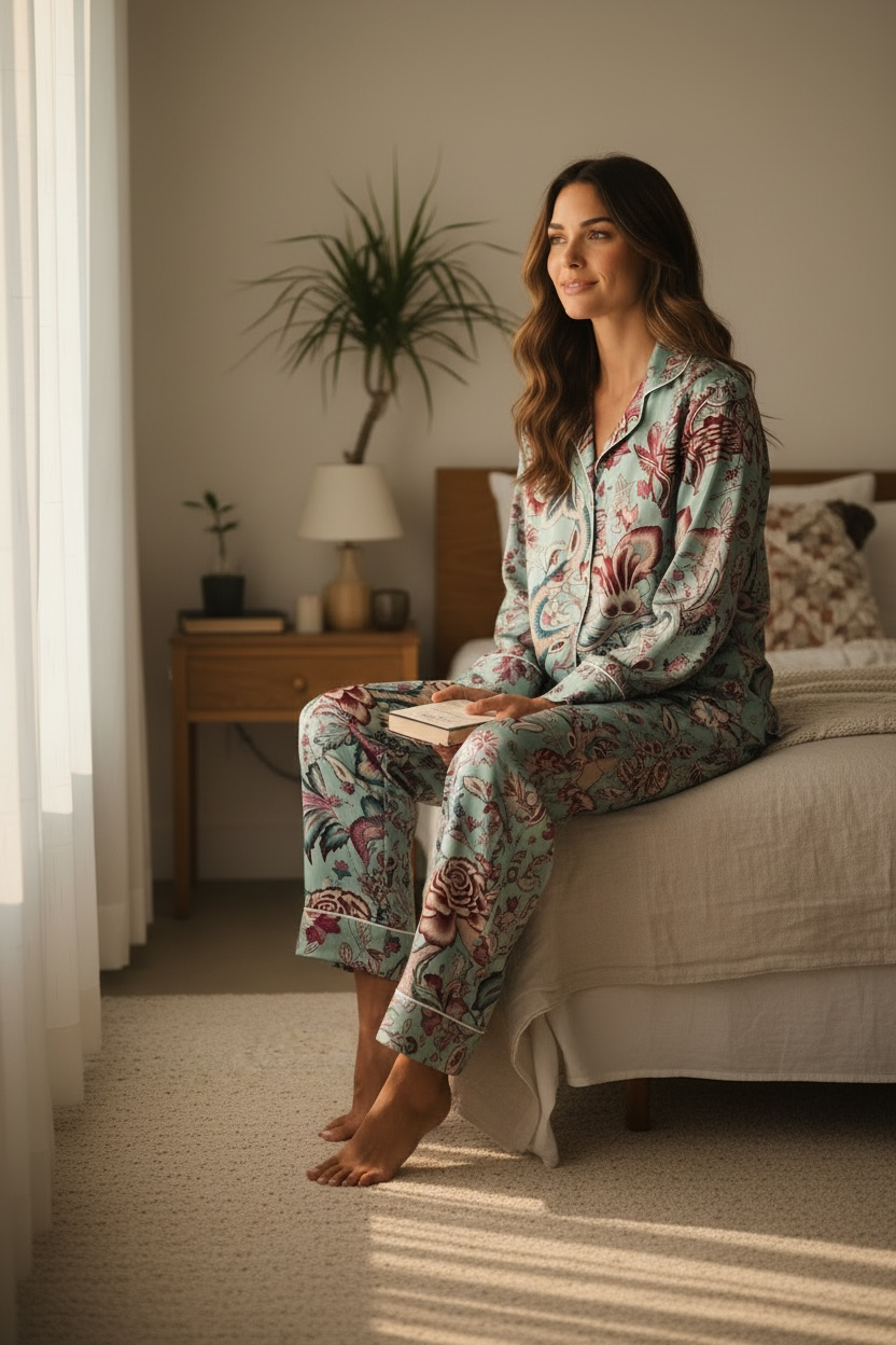 Aqua Floral Cotton Pyjama Set – Long Sleeve and Trousers