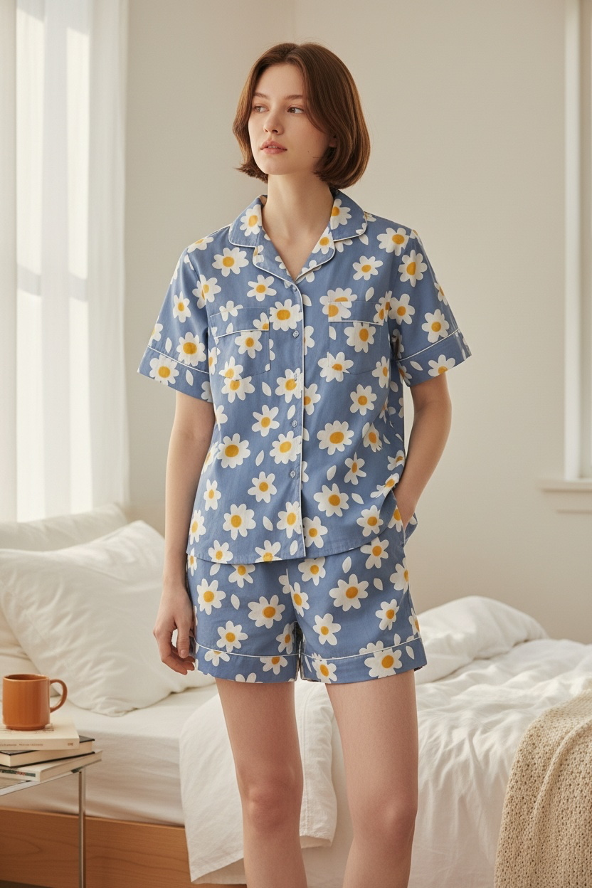 Blue Daisy Cotton Short Pyjama Set | Women’s PJs