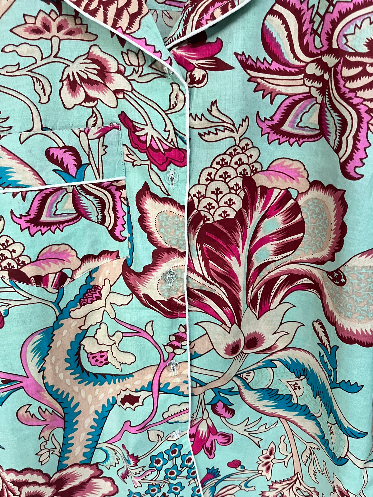 Aqua Floral Cotton Pyjama Set – Long Sleeve and Trousers