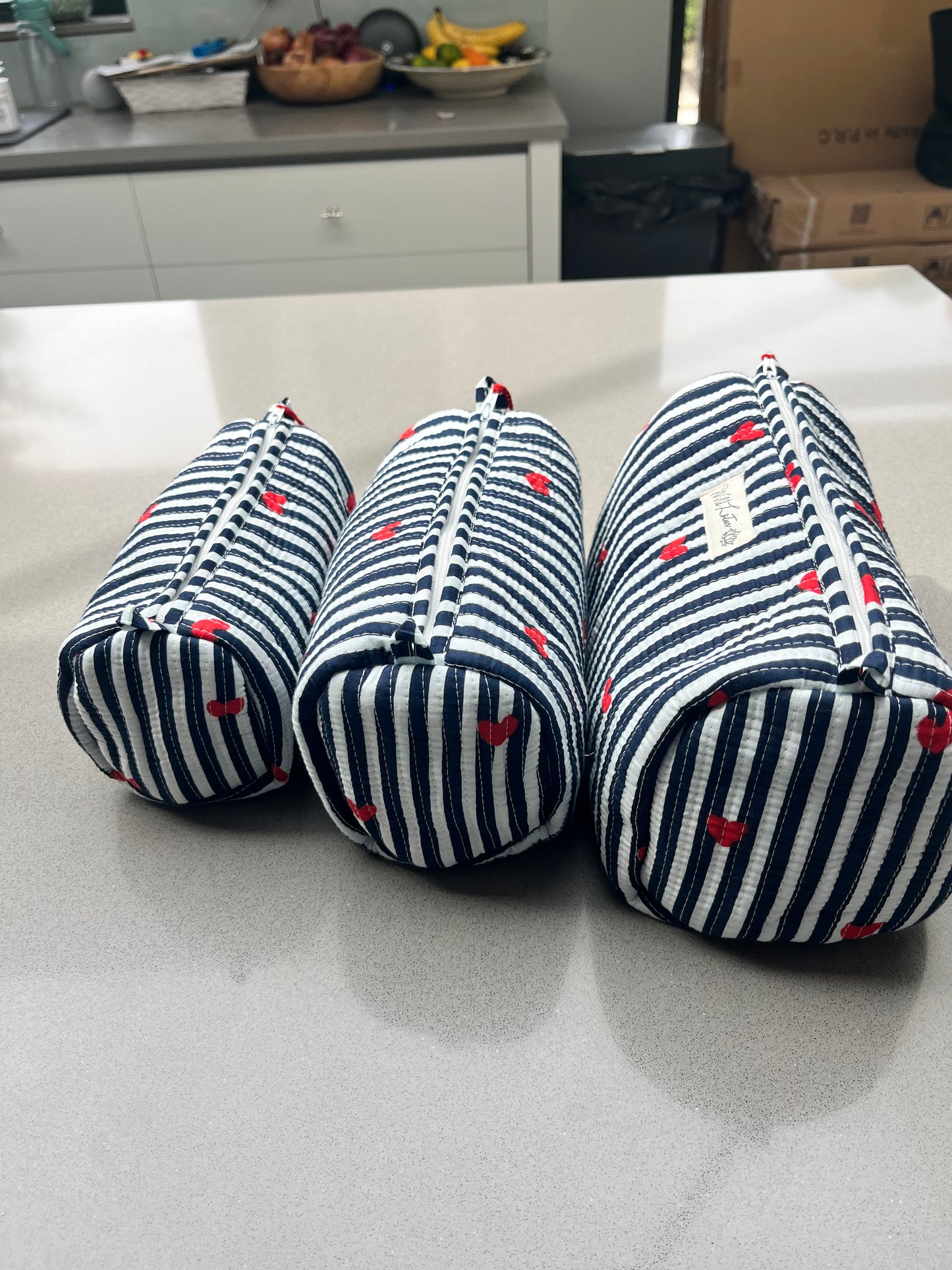 Quilted Stripe with Hearts Accessory Case | Cotton Wash Bag | Small, Medium and Large