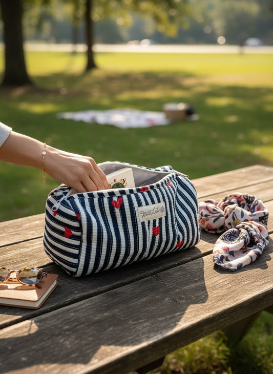 Quilted Stripe with Hearts Accessory Case | Cotton Wash Bag | Small, Medium and Large