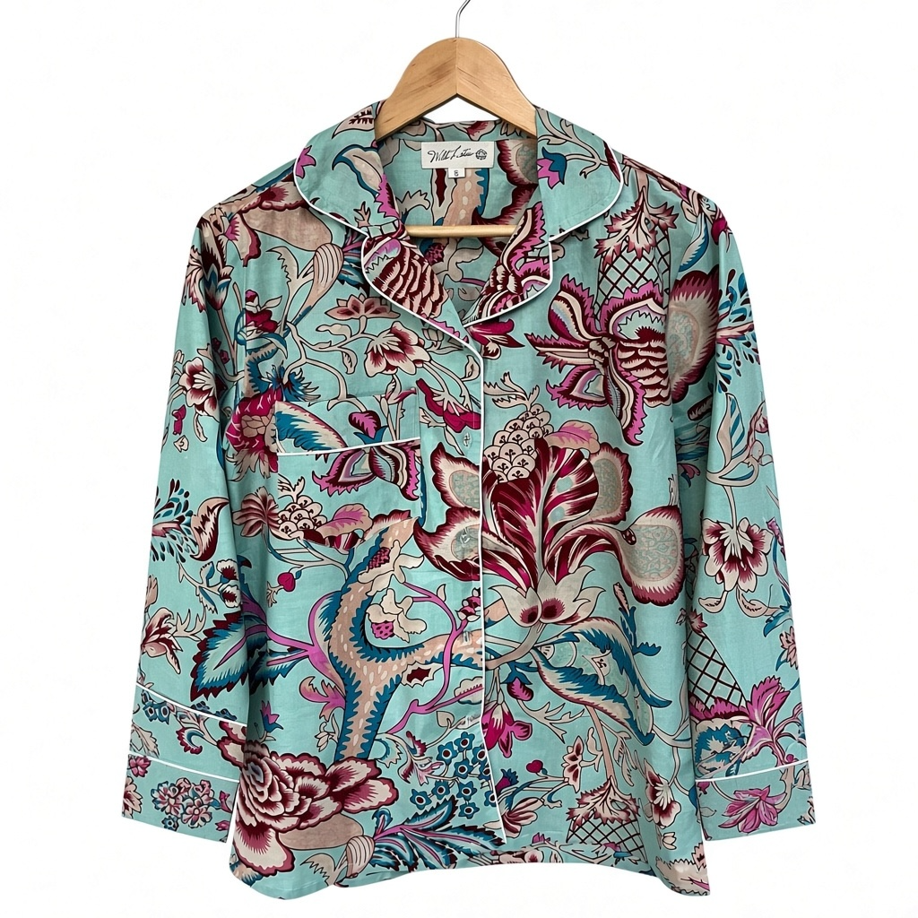 Aqua Floral Cotton Pyjama Set – Long Sleeve and Trousers