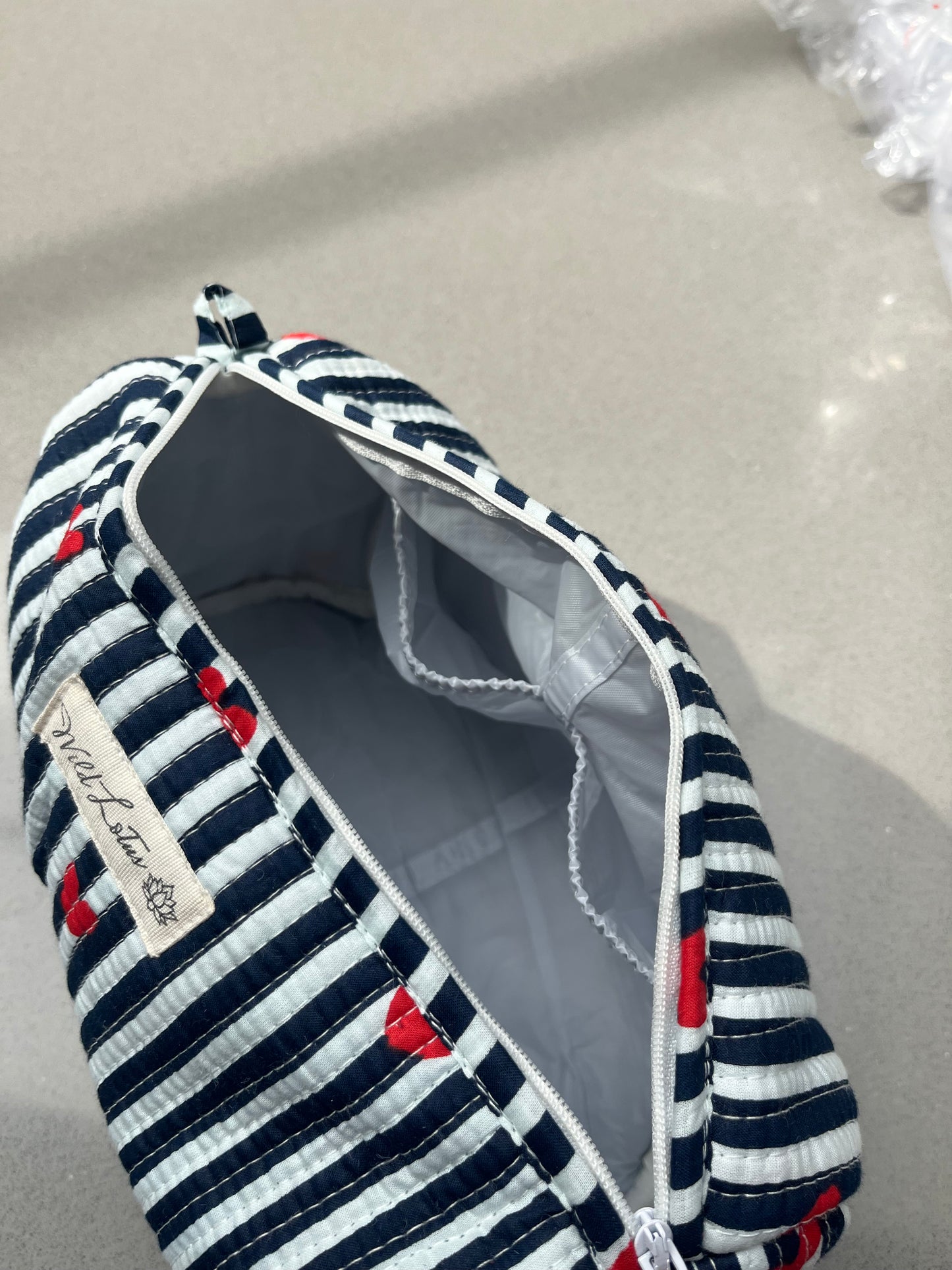 Quilted Stripe with Hearts Accessory Case | Cotton Wash Bag | Small, Medium and Large