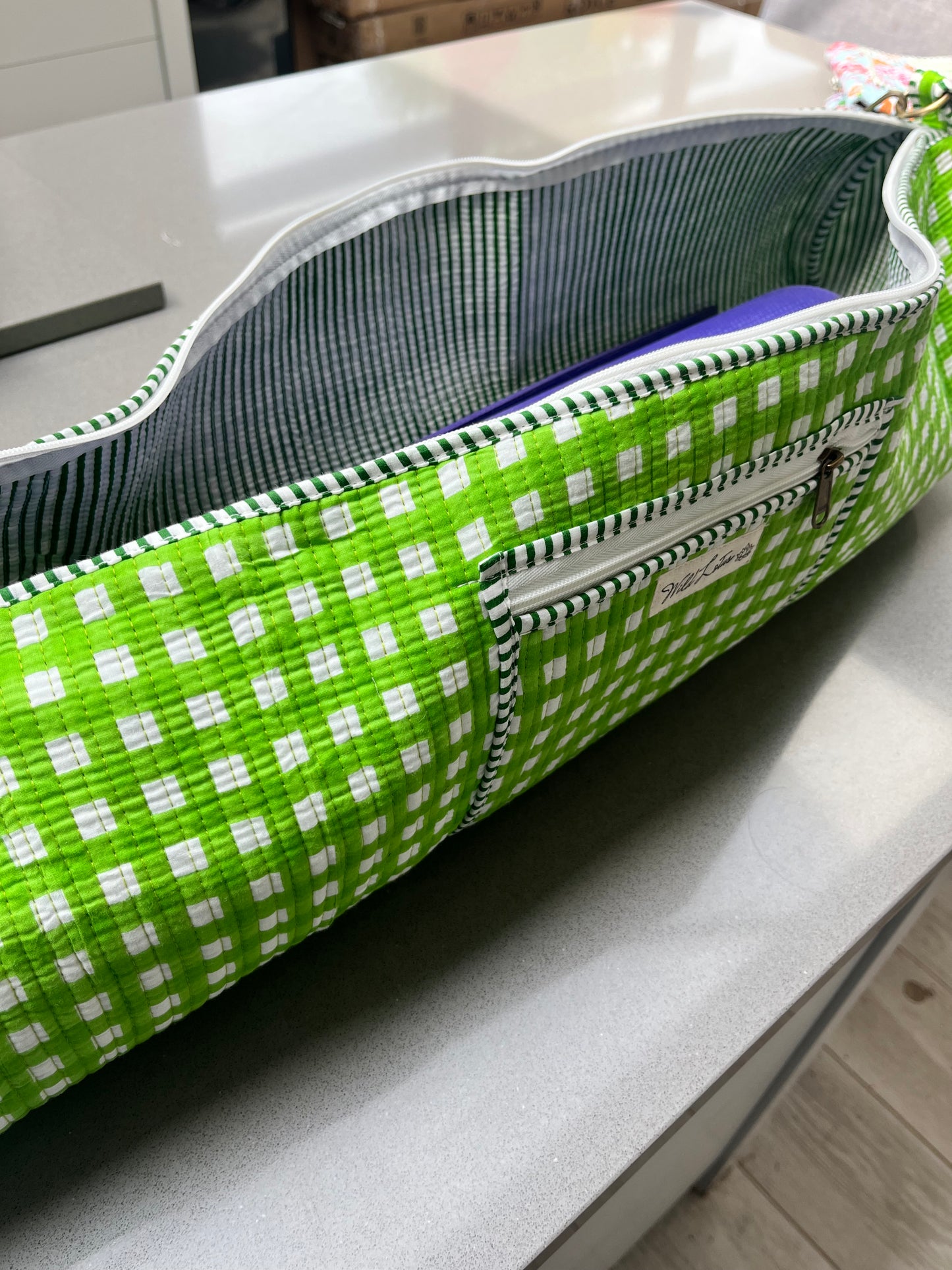 Green Gingham Cotton Quilted Yoga Mat Bag