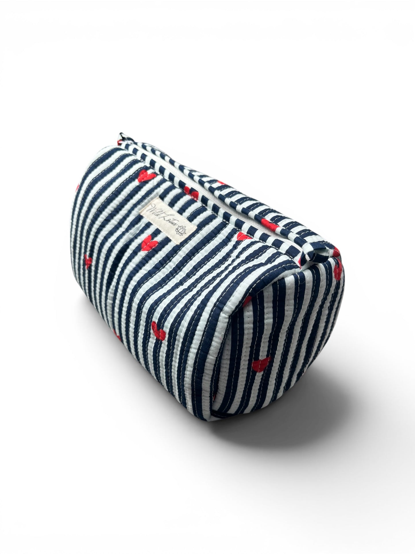Quilted Stripe with Hearts Accessory Case | Cotton Wash Bag | Small, Medium and Large