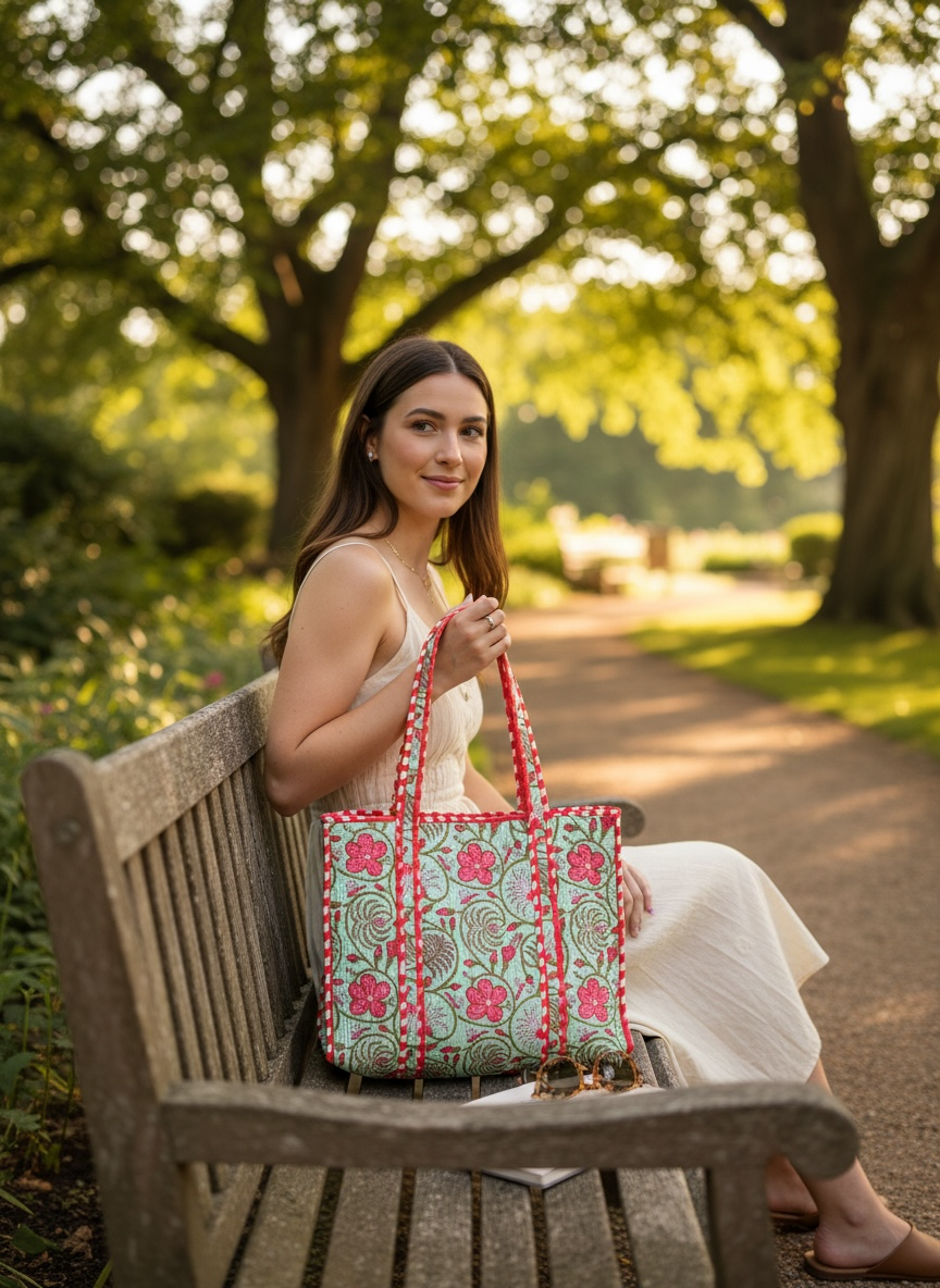 Floral Print Handmade Medium  Quilted Tote Bag – Secure Zip Fastening & Reinforced Handles | Perfect for Shopping, Travel & Beach | 16" x 16"