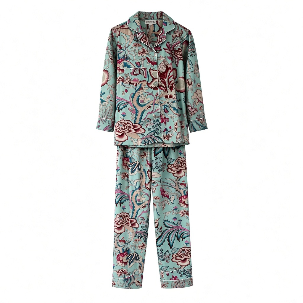 Aqua Floral Cotton Pyjama Set – Long Sleeve and Trousers