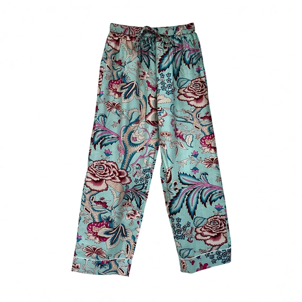 Aqua Floral Cotton Pyjama Set – Long Sleeve and Trousers