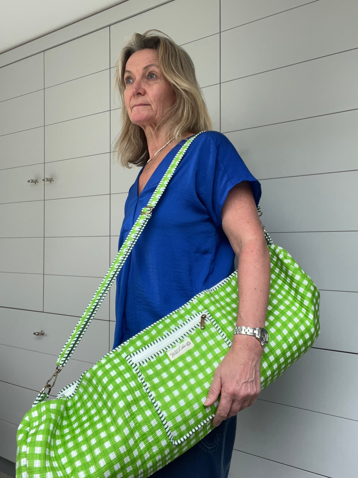 Green Gingham Cotton Quilted Yoga Mat Bag