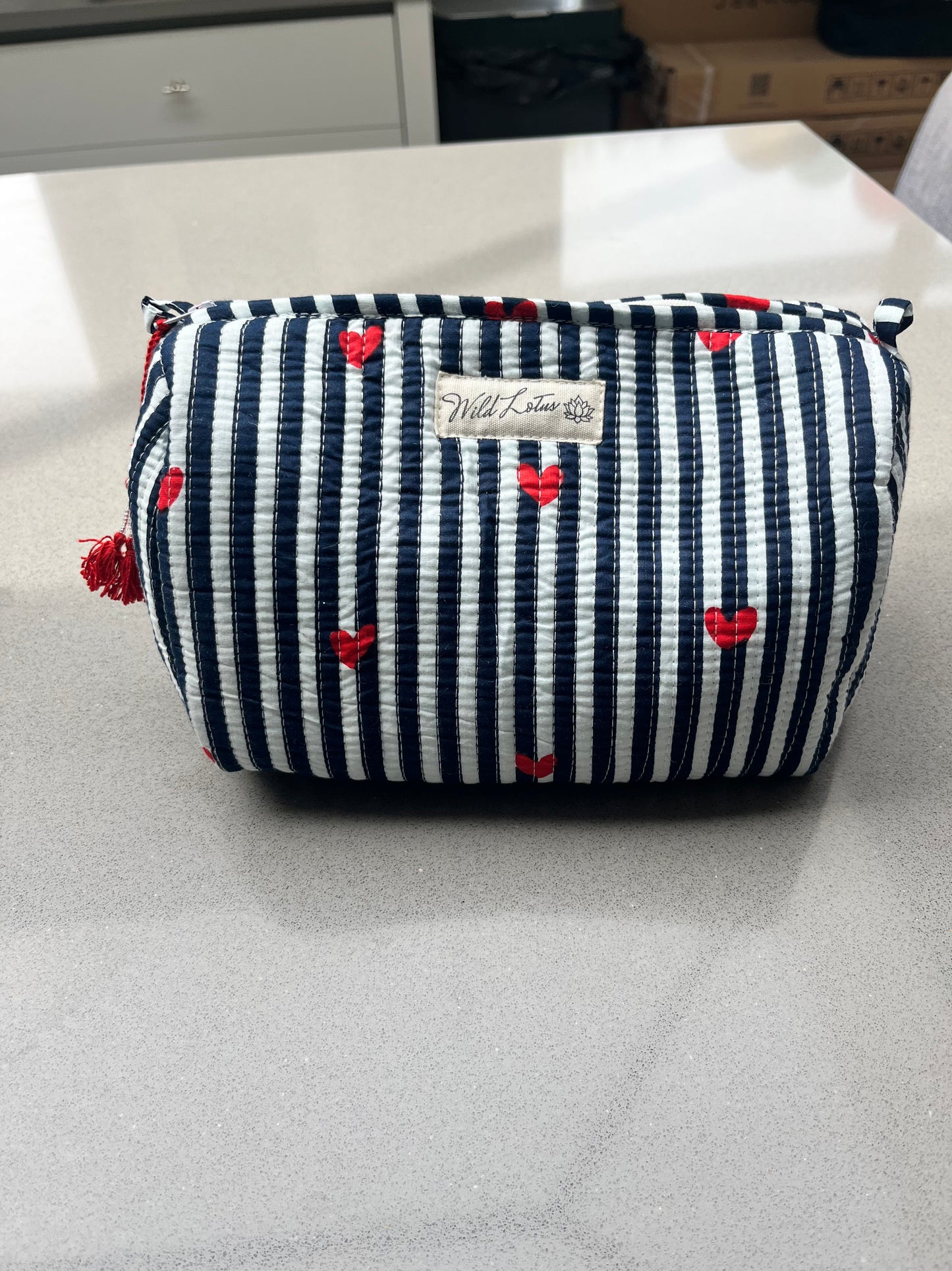 Quilted Stripe with Hearts Accessory Case | Cotton Wash Bag | Small, Medium and Large