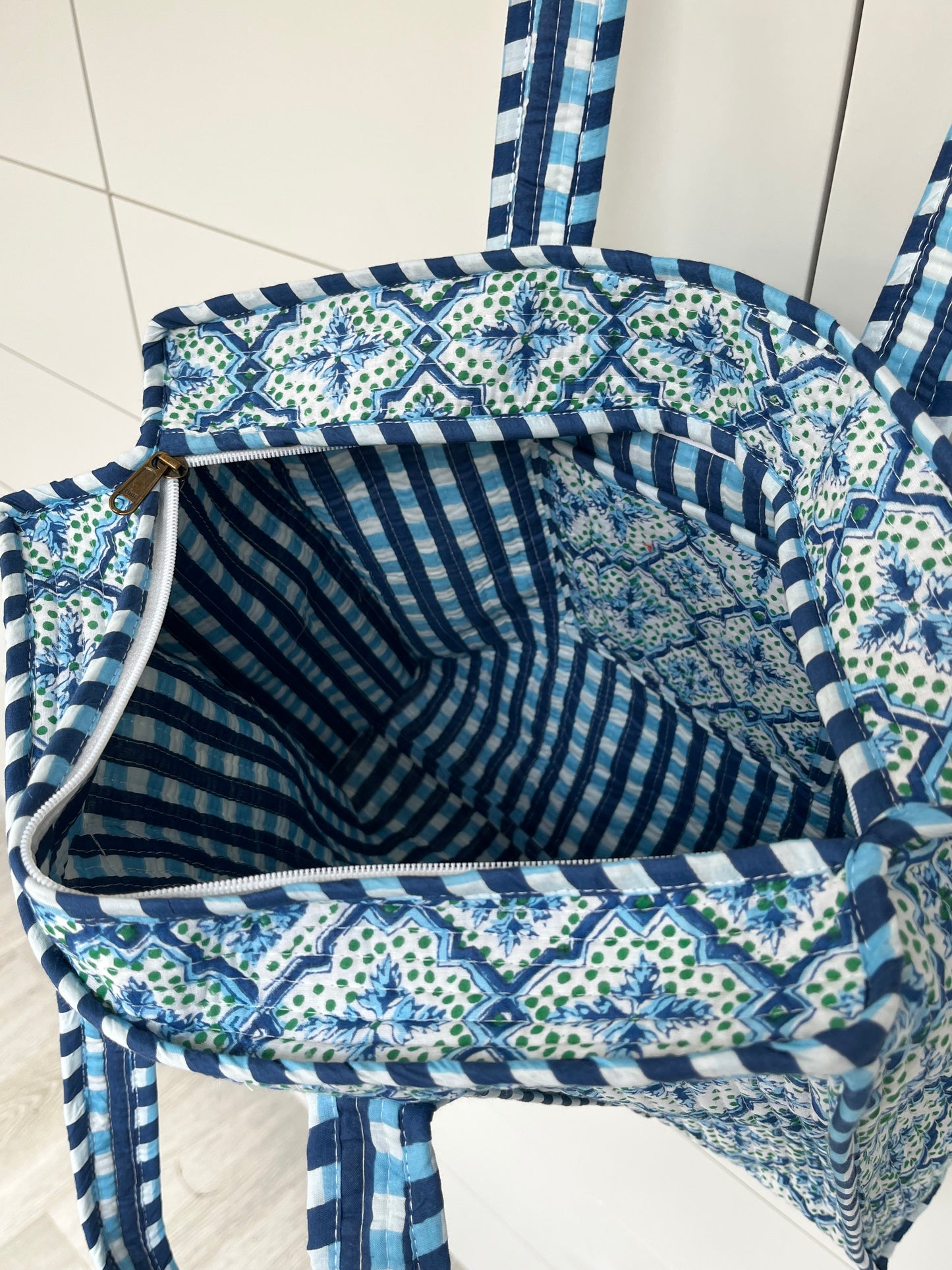Blue Mosaic Handmade Medium Quilted Tote Bag – Secure Zip Fastening & Reinforced Handles | Perfect for Shopping, Travel & Beach | 16" x 16"