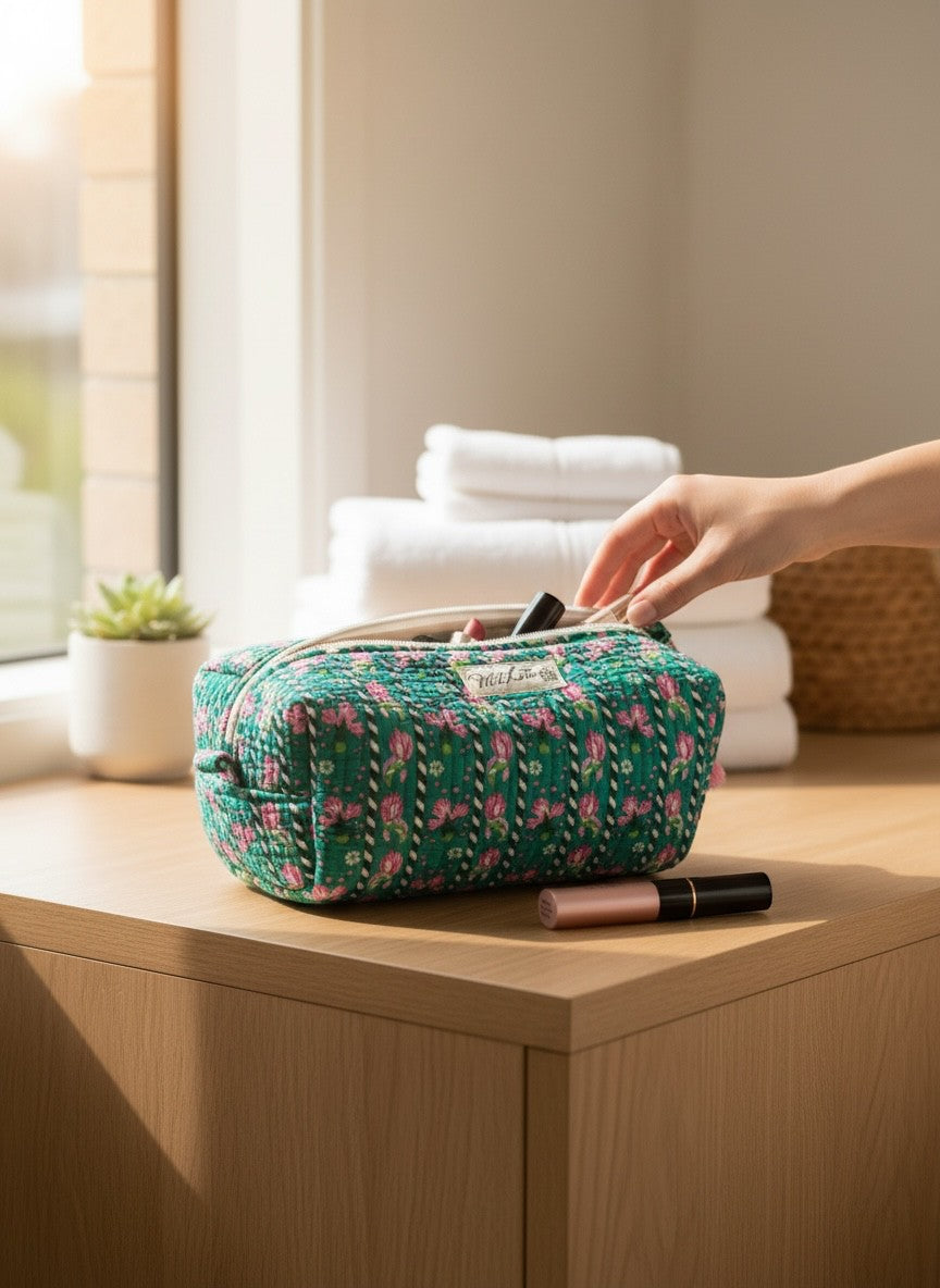 Quilted Floral Accessory Case | Cotton Wash Bag | Small, Medium and Large